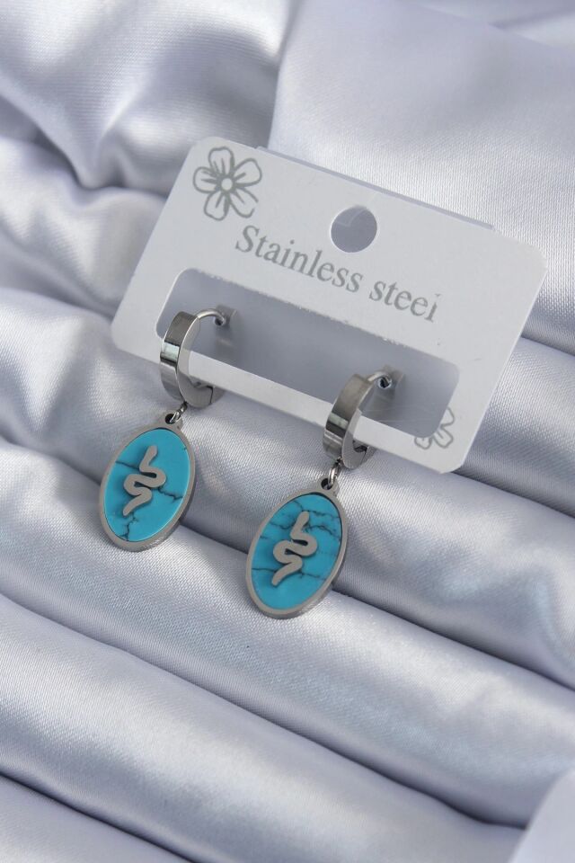 Mey İthalat® 316L Çelik Gümüş Renk Oval Mavi Taşlı Yılan Figür Kadın Küpe