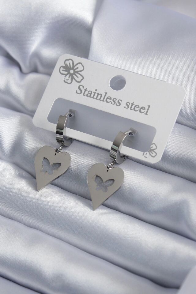 Mey İthalat® 316L Çelik Gümüş Renk Kalp Model Kelebek İşleme Kadın Küpe