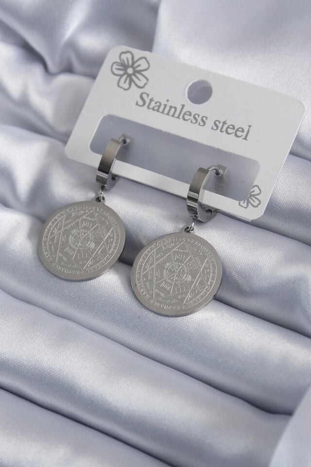 Mey İthalat® 316L Çelik Gümüş Renk Pentagram Yıldızı İşleme Kadın Küpe