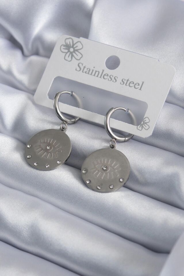 Mey İthalat® 316L Çelik Gümüş Renk Göz İşleme Zirkon Taş Detay Kadın Küpe