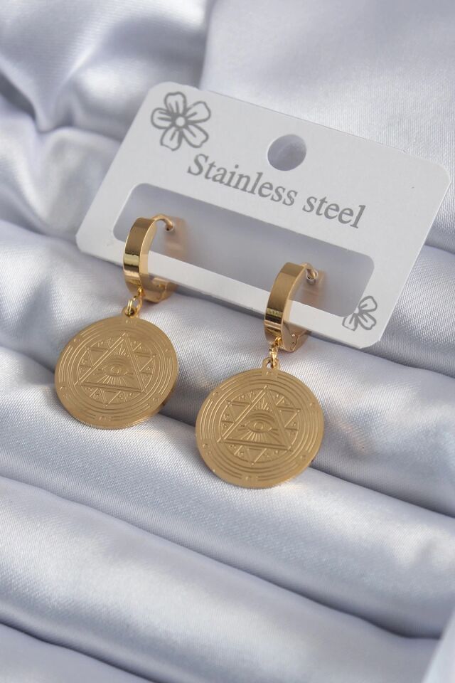 Mey İthalat® 316L Çelik Gold Renk Pentagram İşleme Model Kadın Küpe