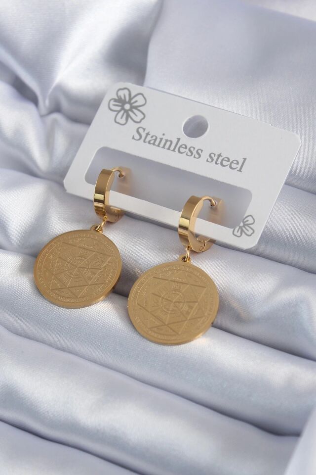 Mey İthalat® 316L Çelik Gold Renk Pentagram İşleme Model Kadın Küpe
