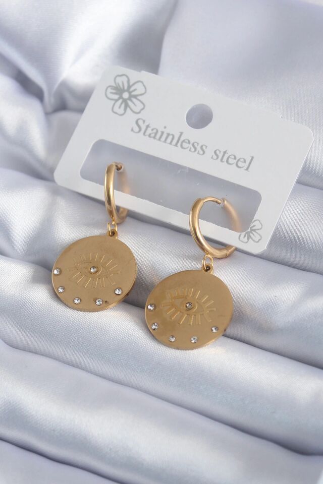 Mey İthalat® 316L Çelik Gold Renk Zirkon Taşlı Göz İşleme Model Kadın Küpe