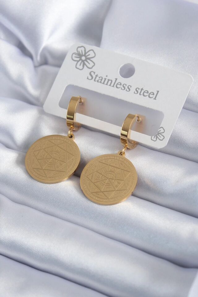 Mey İthalat® 316L Çelik Gold Renk Pentagram Yıldızı İşleme Model Kadın Küpe