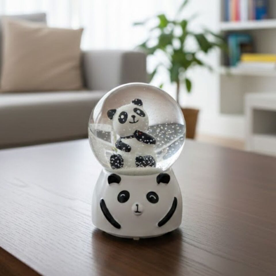 Pilli Işıklı Müzikli Kar Küresi–Sevimli Panda Figürlü Eğlenceli Masaüstü Biblo, LED Aydınlatmalı Dekoratif Hediyelik Kar Küresi