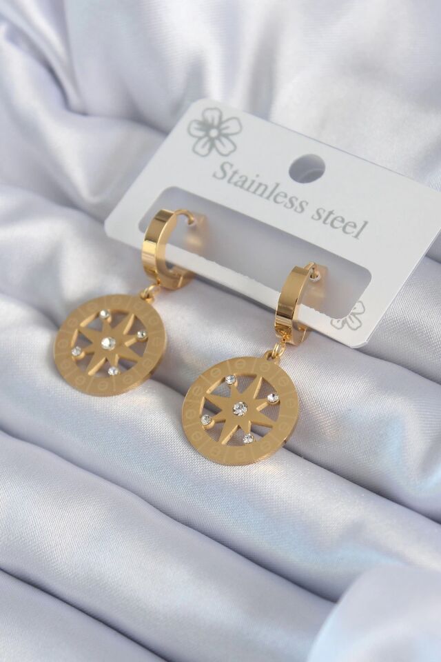 Mey İthalat® 316L Çelik Gold Renk Kutup Yıldızı Model İşleme Detay Zirkon Taşlı Kadın Küpe