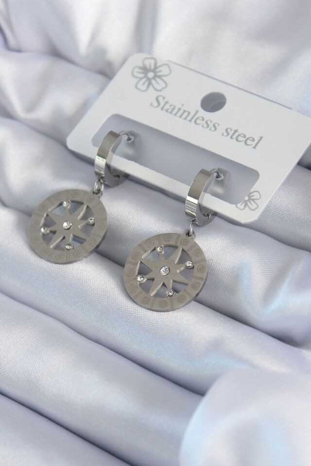 Mey İthalat® 316L Çelik Gümüş Renk Kutup Yıldızı Model Zirkon Taş İşleme Detay Kadın Küpe