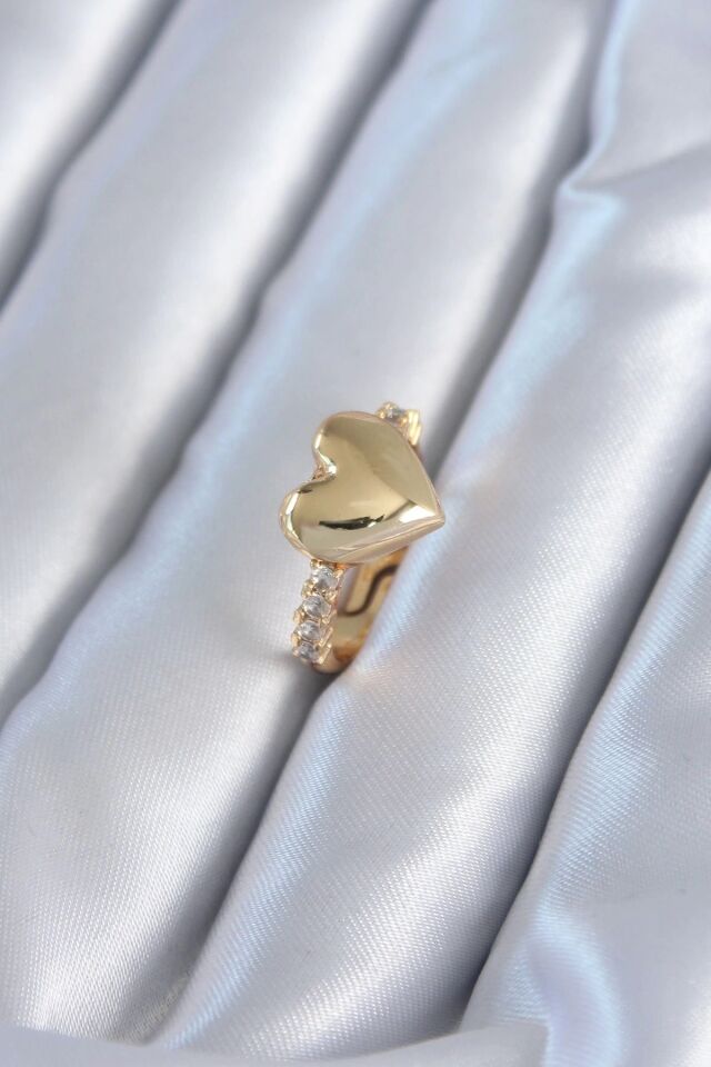 Mey İthalat® Gold Renk Pirinç Zirkon Taşlı Kalp Model Kadın Yüzük