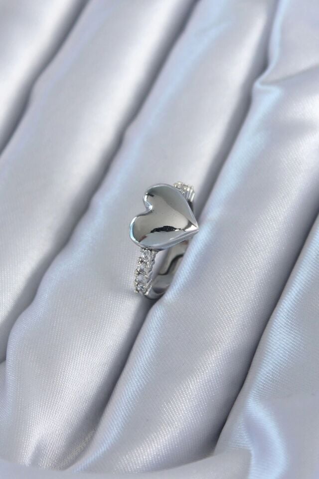 Mey İthalat® Gümüş Renk Pirinç Zirkon Taşlı Kalp Model Kadın Yüzük