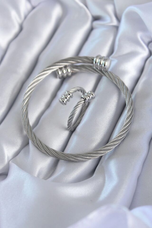 Mey İthalat® 316L Çelik Gümüş Renk Sarmal Model Erkek Bileklik Yüzük Kombini