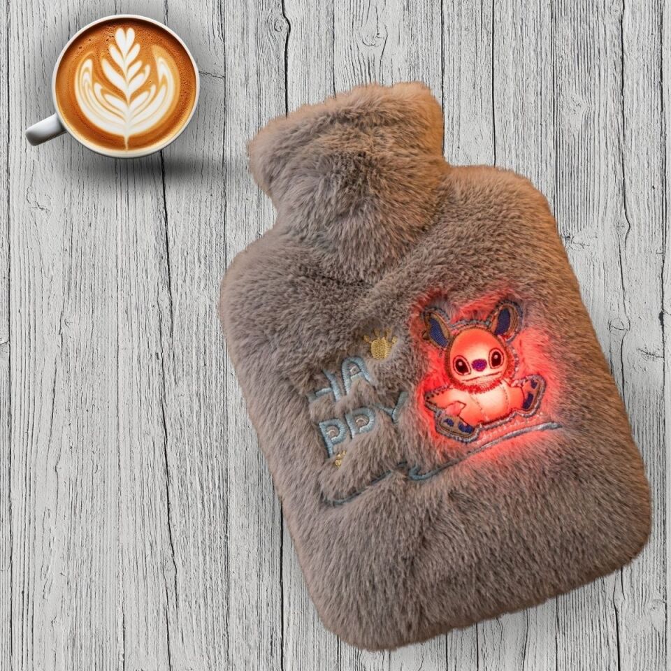 Mutlu Robot Hayvan Figürlü Gri Peluş Sıcak Su Torbası 1 Lt – Yumuşak Kılıf, Uzun Süre Sıcak Tutan Termal Su Torbası