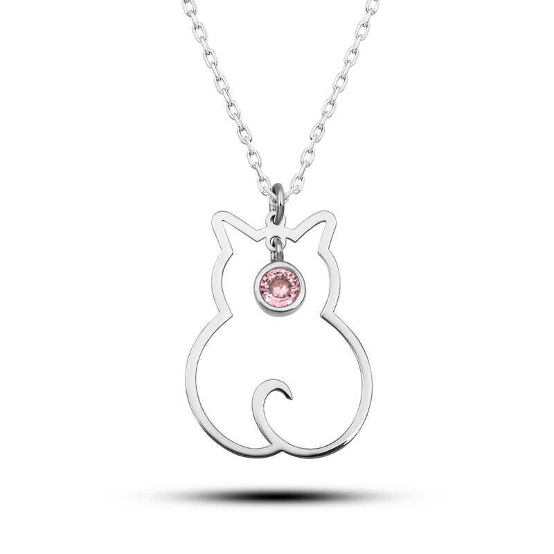 925 Ayar Gümüş Ekim Ayı Doğum Taşı Kedi Kadın Kolye T8383 (491491)
