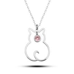 925 Ayar Gümüş Ekim Ayı Doğum Taşı Kedi Kadın Kolye T8383 (491491)
