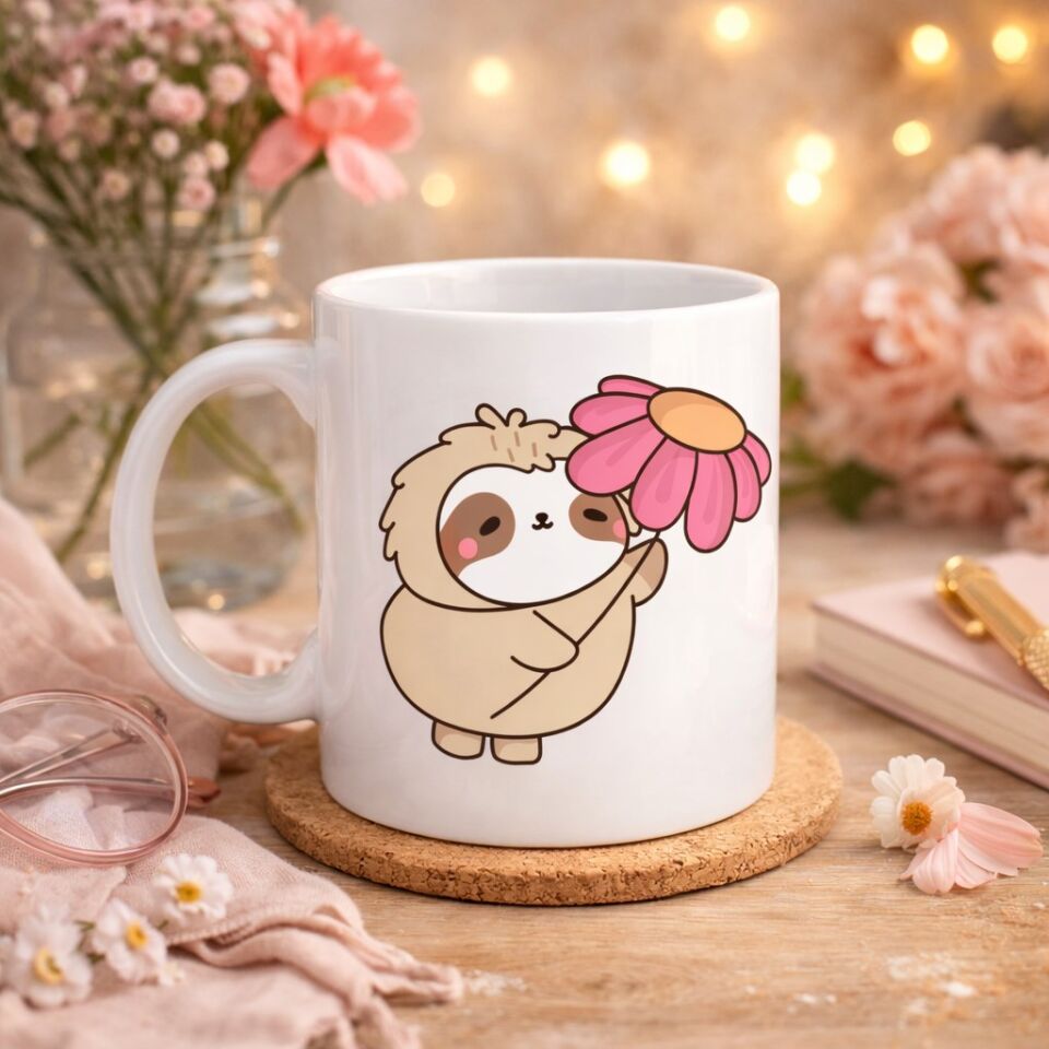 Çiçek Tutan Tembel Hayvan Tasarımlı Porselen Kupa MODEL 107 – Sevimli Kahve Kupası , Hediye & Dekoratif Kupa