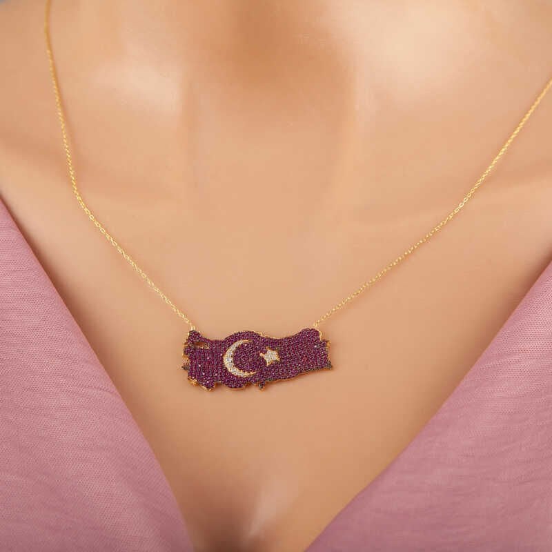 925 Ayar Gümüş Gold Ay Yıldız Türkiye Haritası Kadın Kolye T7370 (491491)