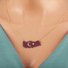 925 Ayar Gümüş Gold Ay Yıldız Türkiye Haritası Kadın Kolye T7370 (491491)