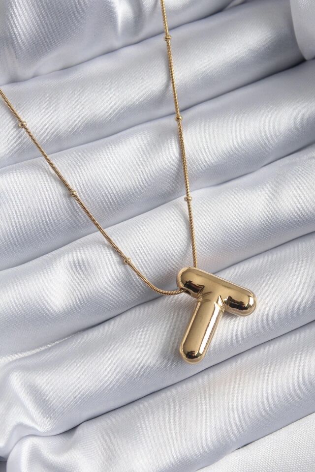 Mey İthalat® 316L Çelik Gold Renk Bubble ''T'' Harf Model Kadın Kolye