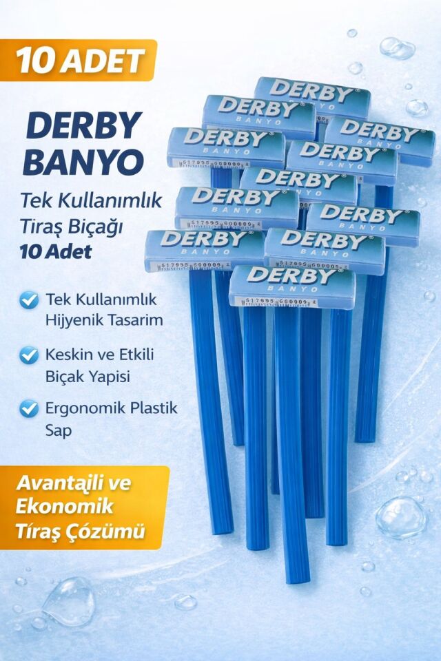 Derby Banyo Tek Kullanımlık Tıraş Bıçağı 10 Adet Plastik Saplı Ekonomik Pratik Tıraş Jileti