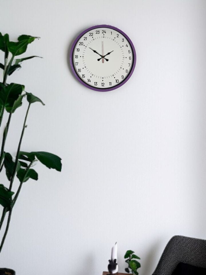 36 Cm Mor 24 Saat Göstergeli Özel Tasarım Duvar Saati