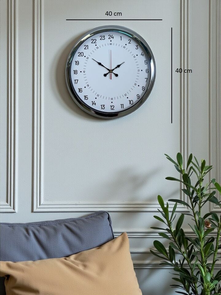 Krom 40 Cm Metal 24 Saat Göstergeli Özel Tasarım Duvar Saati