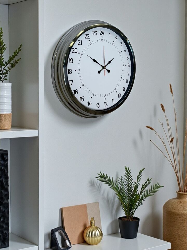 Krom 40 Cm Metal 24 Saat Göstergeli Özel Tasarım Duvar Saati