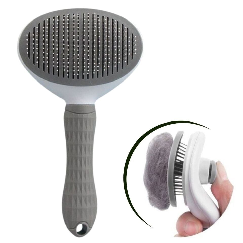 AD Kedi Köpek Tüy Toplayıcı Kendini Temizleyebilen Ergonomik Rahat Evcil Hayvan Tarağı Gri