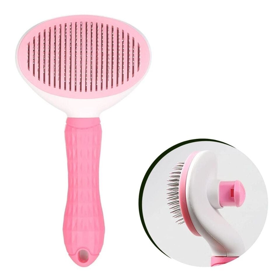 AD Kedi Köpek Tüy Toplayıcı Kendini Temizleyebilen Ergonomik Saplı Evcil Hayvan Tarağı Pembe