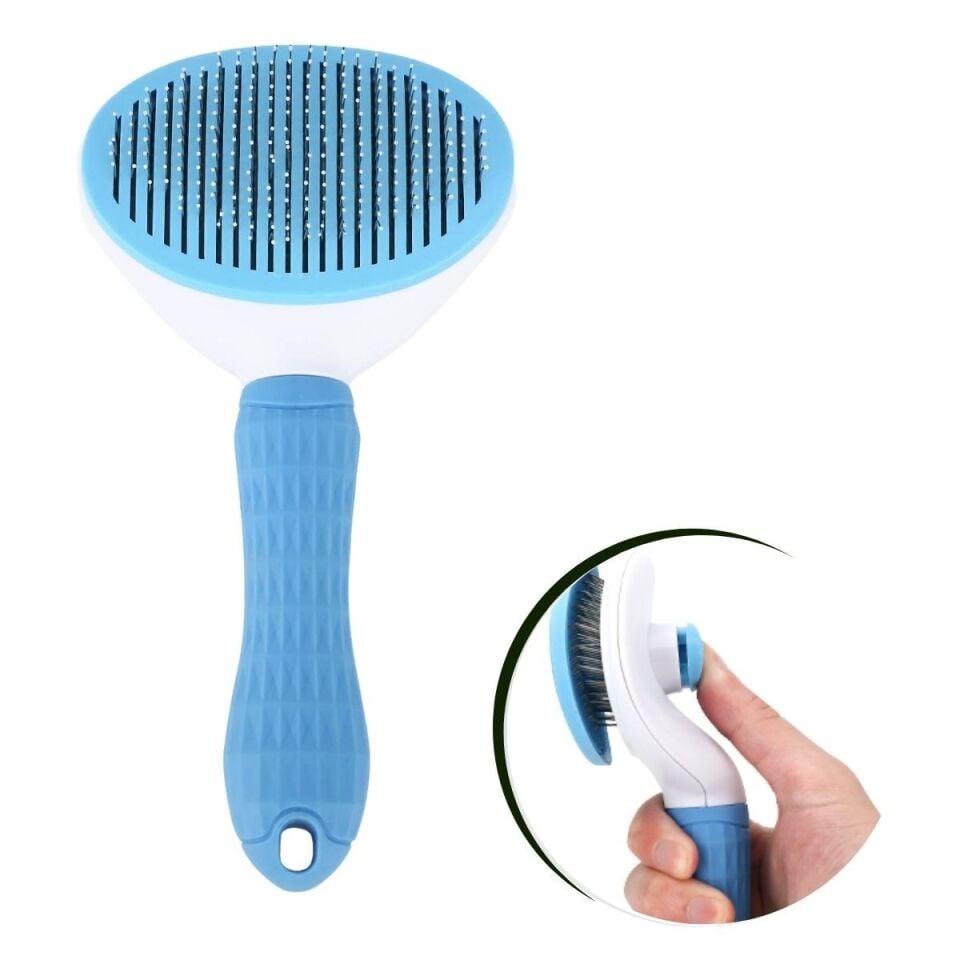 AD Kedi Köpek Tüy Toplayıcı Kendini Temizleyebilen Ergonomik Saplı Evcil Hayvan Tarağı Mavi