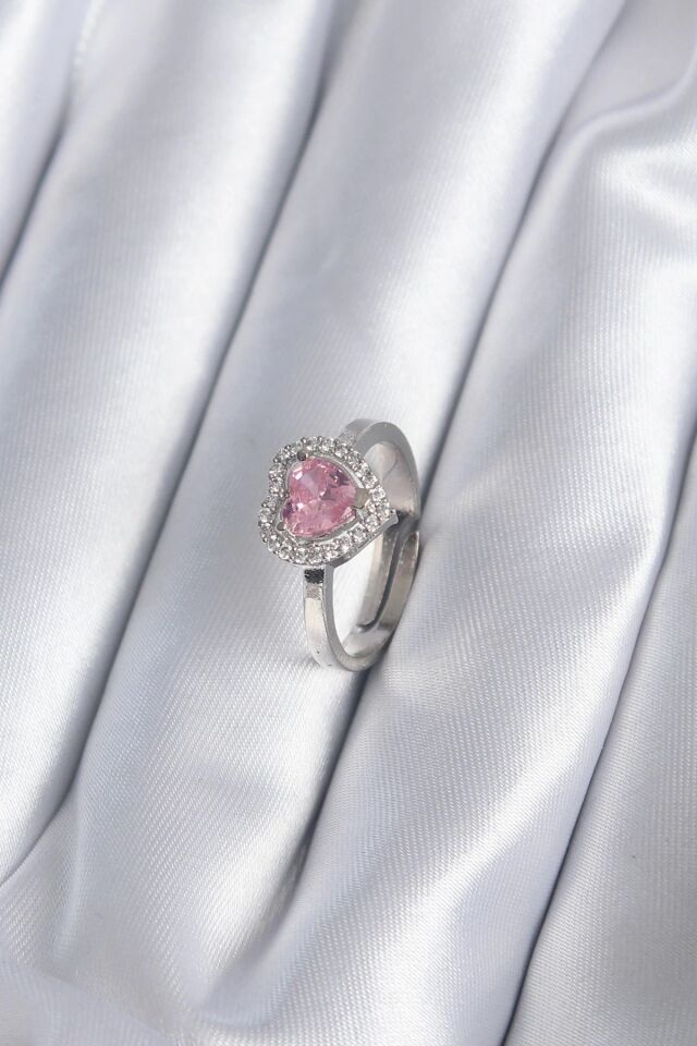 Mey İthalat® Pirinç Gümüş Renk Pembe Zirkon Taşlı Charm Model Kadın Yüzük