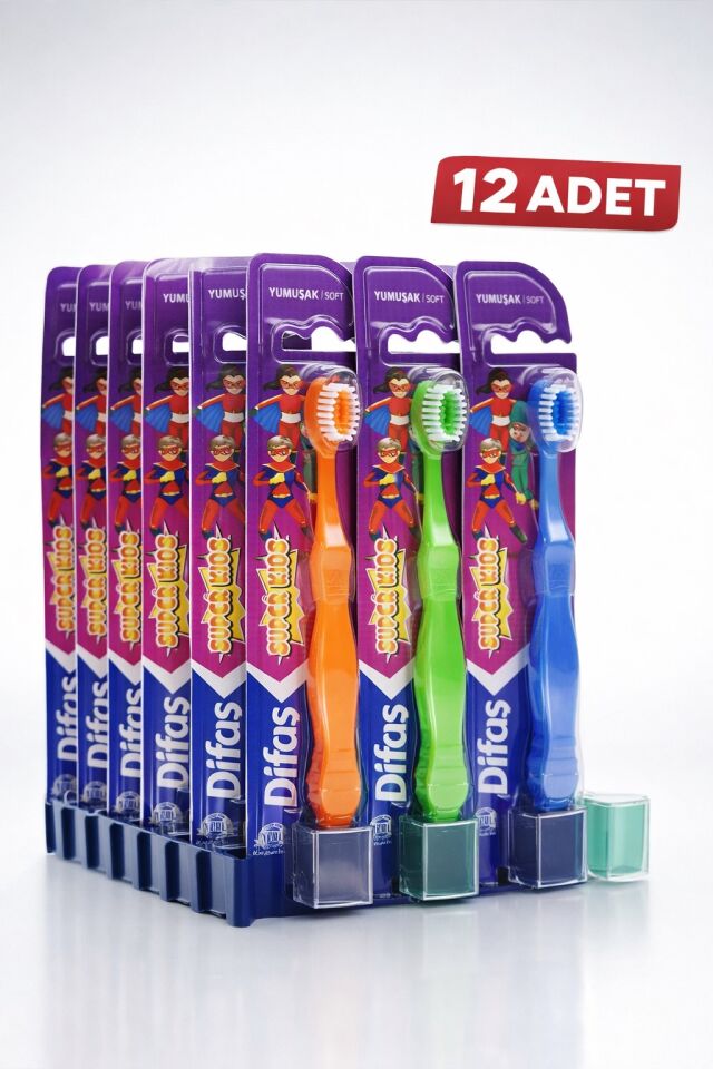 Difaş Kids Çocuk Diş Fırçası 12 Adet Standlı Yumuşak Kıllı Koruyucu Kapaklı Toplu Paket