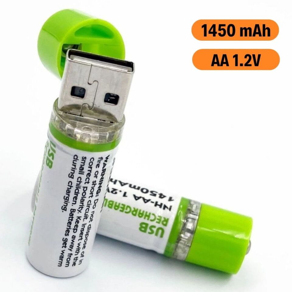 BUFFER® USB Şarjlı 1450mAh AA 1.2V Lityum Kalem Pil – 2’li Set, Tekrar Şarj Edilebilir Uzun Ömürlü Dönüştürülebilir Batarya