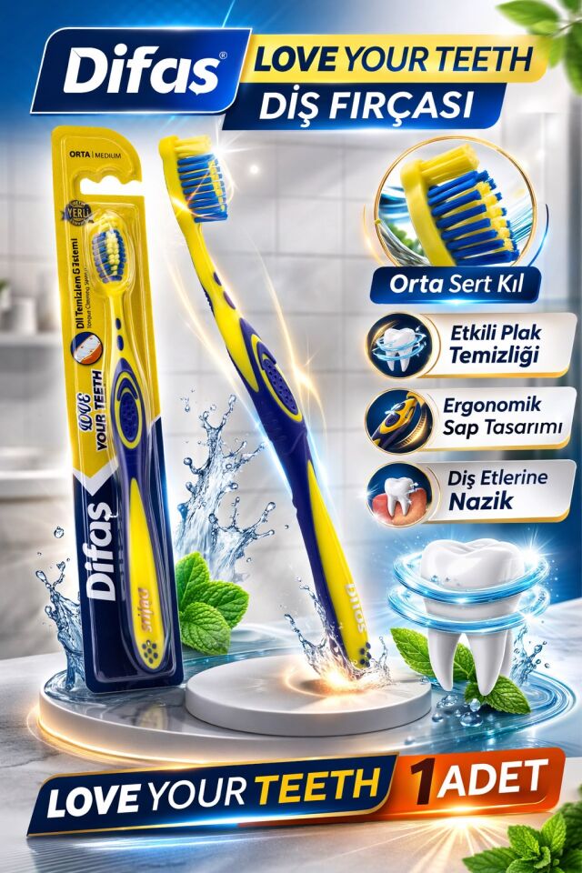 Difaş Love Your Teeth Diş Fırçası 1 Adet Orta Sert Ergonomik Tutma Saplı Manuel Diş Fırçası