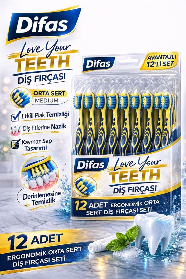 Difaş Love Your Teeth Diş Fırçası 12 Adet Standlı Orta Sert Medium Ergonomik Saplı Manuel Diş Fırçası Seti
