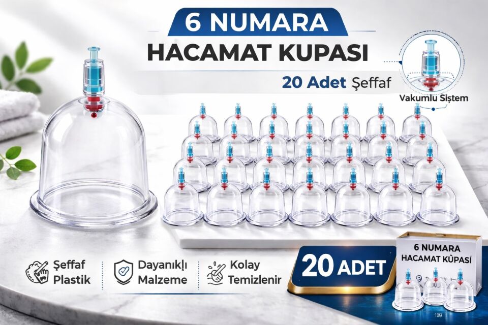 6 Numara Hacamat Kupası 20 Adet Vakumlu Kupa Bardak Dayanıklı Plastik Manuel Hacamat Kabı