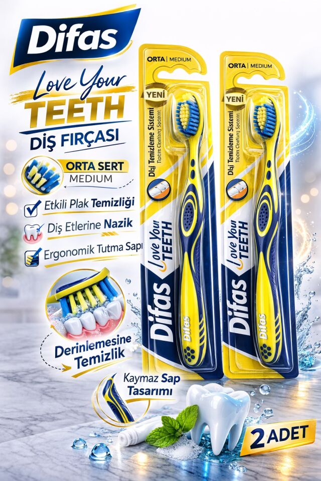 Difaş Love Your Teeth Diş Fırçası 2 Adet Orta Sert Medium Ergonomik Saplı Manuel Diş Fırçası