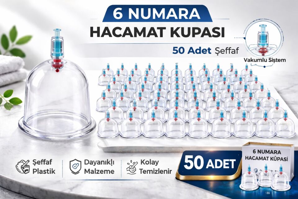 6 Numara Hacamat Kupası 50 Adet Vakumlu Kupa Bardak Dayanıklı Plastik Manuel Hacamat Kabı