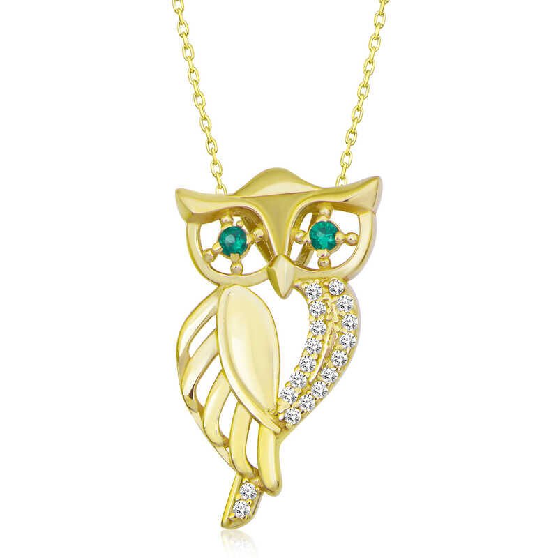 ​925 Ayar Gümüş Gold Yeşil Gözlü Baykuş Kadın Gümüş Kolye T6994 (491491)