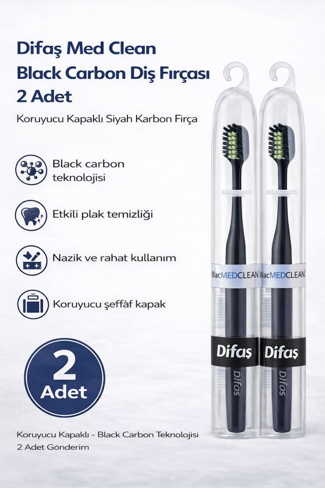 Difaş Med Clean Black Carbon Diş Fırçası 2 Adet Koruyucu Kapaklı Siyah Karbon Fırça Seti
