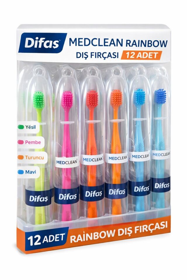 Difaş Medclean Rainbow Diş Fırçası 12 Adet Standlı Orta Sert Renkli Yetişkin Diş Fırçası Seti