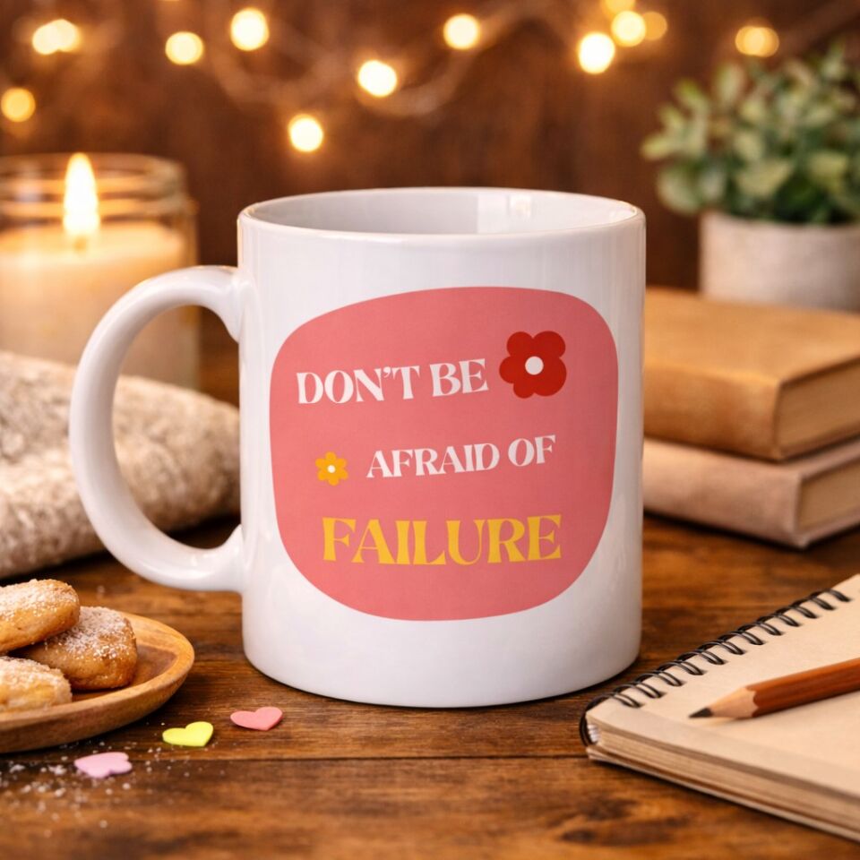 Don’t Be Afraid of Failure Motivasyon Kupası MODEL 134 – İlham Veren Tasarım, Porselen Kahve Kupası, Pozitif Mesajlı Hediye
