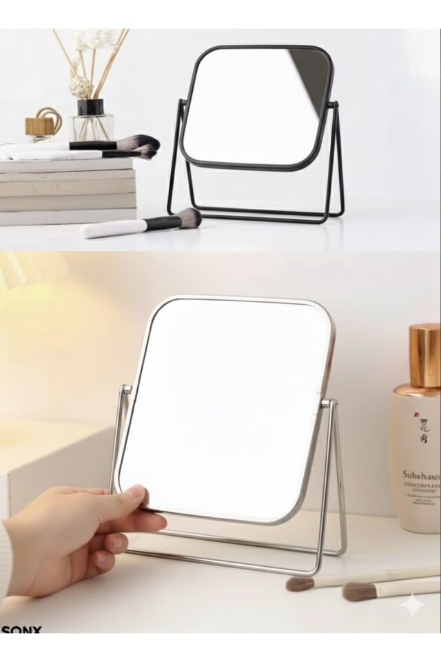Gümüş Renk Ayarlanabilir KARE Metal Ayaklı Masa Üstü Makyaj Aynası