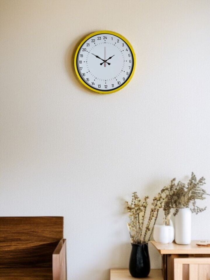 36 Cm Sarı 24 Saat Göstergeli Özel Tasarım Duvar Saati