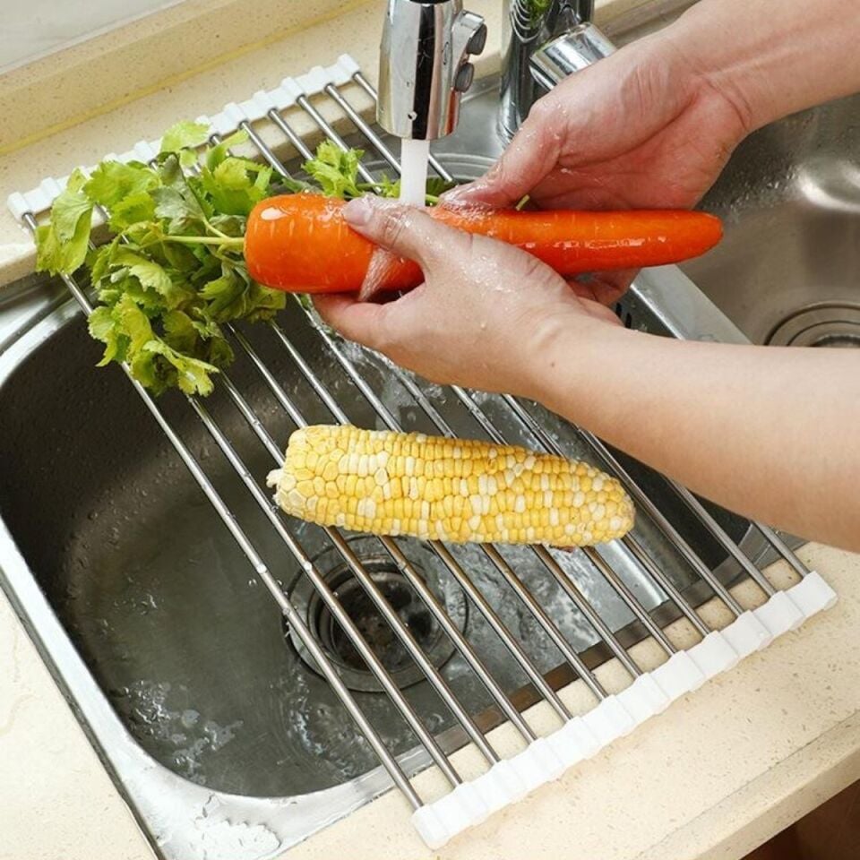 AD Evye Üstü Katlanır Nihale Paslanmaz Çelik Pratik Sebze Meyve Bulaşık Kurutma Süzgeci