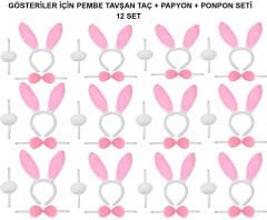 Pembe Tavşan Kostüm Seti – Taç, Papyon, Ponpon (12’li Paket)