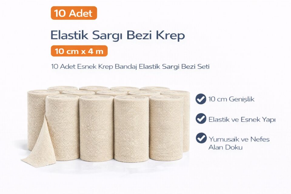 Elastik Sargı Bezi Krep 10 cm x 4 m 10 Adet Esnek Krep Bandaj Elastik Sargı Bezi Seti