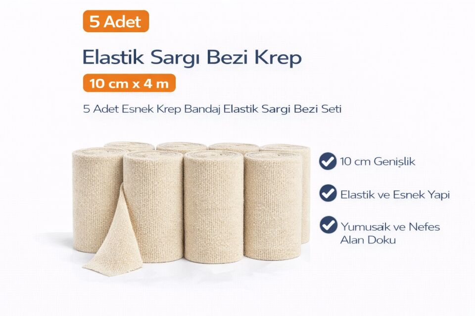 Elastik Sargı Bezi Krep 10 cm x 4 m 5 Adet Esnek Krep Bandaj Elastik Sargı Bezi Seti