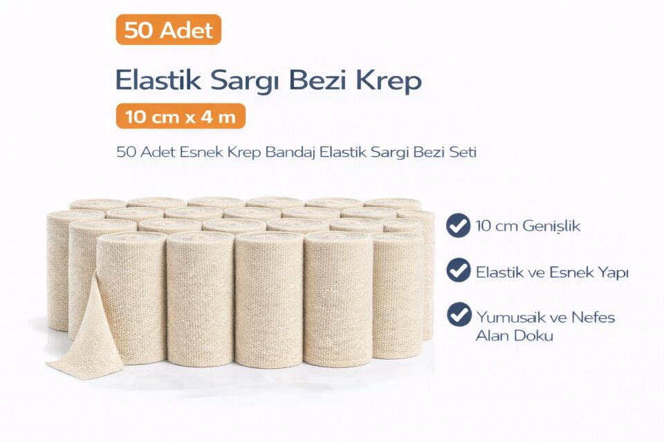 Elastik Sargı Bezi Krep 10 cm x 4 m 50 Adet Esnek Krep Bandaj Elastik Sargı Bezi Seti