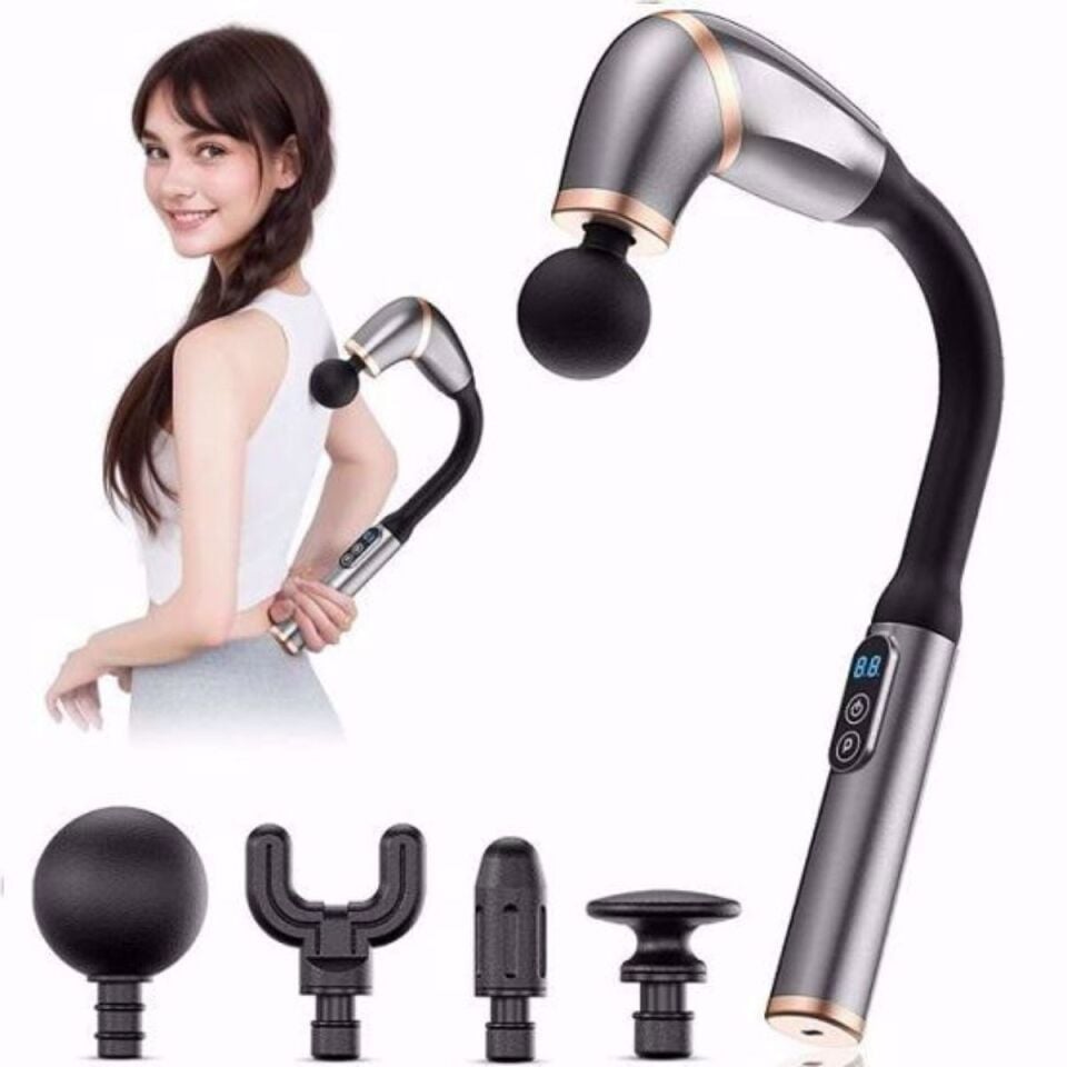 BUFFER® 4 Farklı Başlıklı Uzun Saplı Derin Doku Masaj Tabancası, Boyun, Omuz ve Sırt için Ergonomik Saplı Çoklu Masaj Modlu Taşınabilir Masaj Aleti