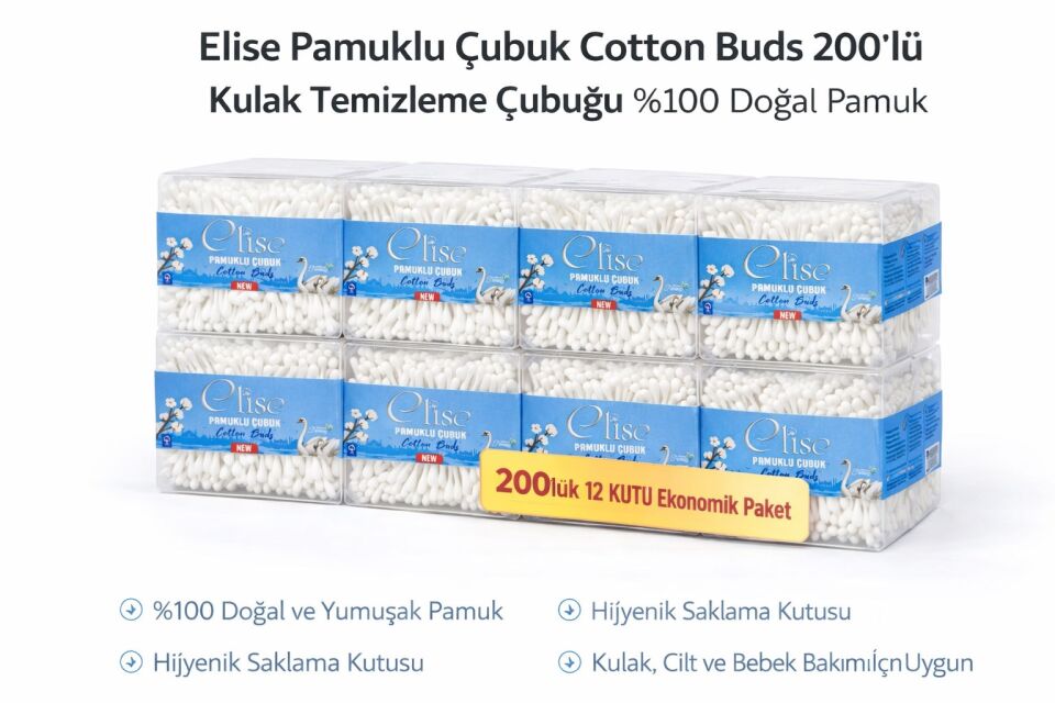 Elise Pamuklu Çubuk Cotton Buds 200’lü Kulak Temizleme Çubuğu Doğal Pamuk 12 Paket
