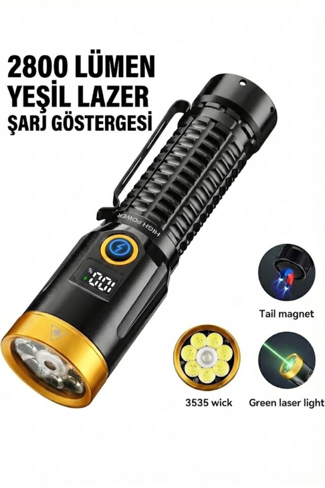 2800 Lümen Yeşil Lazerli Şarjlı El Feneri - Dijital Göstergeli Mıknatıslı Taktik Kamp Feneri